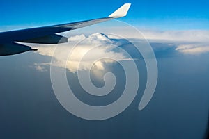 Close Up of Wing of an Airplane in flight on Partially Cloudy Sky Background