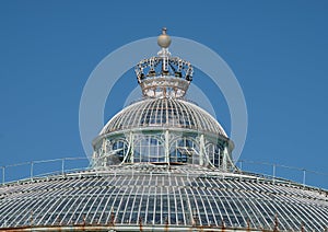 Close up of the Winter Garden with crown on top, part of the Royal Greenhouses at Laeken, Brussels, Belgium.