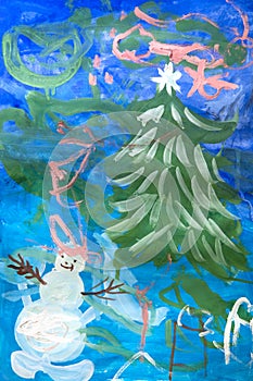 Close up. Winter, New Years celebration. Decorated Christmas tree and a smiling snowman. Creative activities with children 4-5
