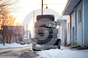 close-up of winter tires stacked beside a car