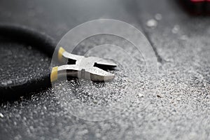 Close-up of a wire cutter a professional electrician installer tool