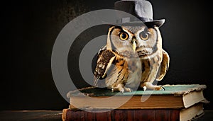 Close-up of a Wise Owl on Vintage Old Books on Dark Background - Generative Ai