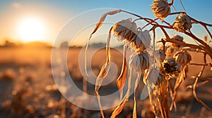 A close-up of a withered crop under a merciless sun, illustrating the vulnerability of agriculture to extreme weather patterns