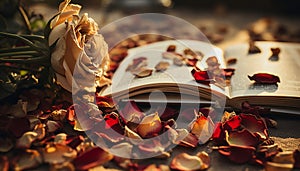 Close-up of a withered rose and scattered petals surrounding an open book, bathed in the soft golden light of sunset