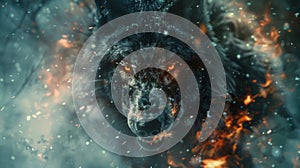 A close up of a wolf with glowing eyes and fire, AI