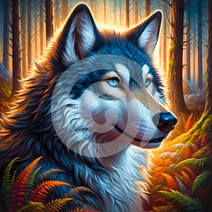 Close-up Wolf painting, its red and blue tail standing out against the backdrop of a lush forest.