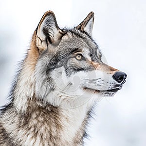 A close up of a wolf in the snow