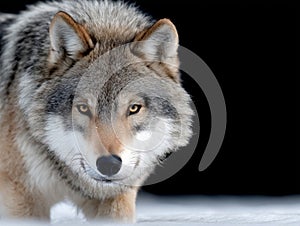 A close up of a wolf in the snow looking at the camera