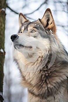 A close up of a wolf in the snow, suitable for nature themes