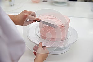 Close Up Of Woman In Bakery Decorating Cake With Icing