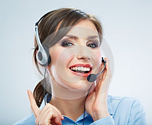 Close Up Woman call center operator. Smiling busin