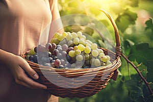 Close-up of woman with casual clothes with hands holding wicker basket full of grapes ripe fresh organic vegetables