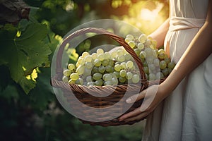 Close-up of woman with casual clothes with hands holding wicker basket full of grapes ripe fresh organic vegetables