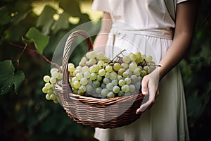 Close-up of woman with casual clothes with hands holding wicker basket full of grapes ripe fresh organic vegetable