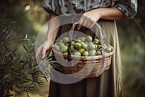 Close-up of woman with casual clothes with hands holding wicker basket full of olives ripe fresh organic vegetables