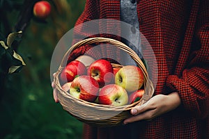 Close-up of woman with casual clothes with hands holding wicker basket full of red apple ripe fresh organic vegetables