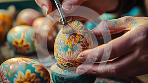 Close-up of a woman coloring eggs for Easter. Selective focus