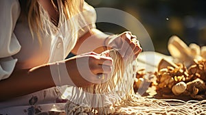 Close up of Woman Creating Macrame Exquisite Textile Art. DIY Macrame texture art