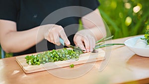 Close-up of woman cutting green onion on wooden board outdoors. Women`s hands cutting verdure with knife on chopping board