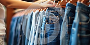 Close up woman in denim shorts chooses clothes in a store , concept of Fashion trends