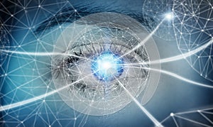 Close-up of woman digital eye network concept 3D rendering