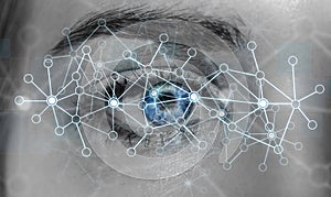 Close-up of woman digital eye network concept 3D rendering