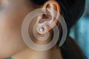 close-up of a woman ears with a pair of diamond earrings