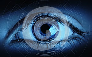 Vista ravvicinata di una donna occhio prova da scansione. identificazione il negozio rete informatica mondiale 