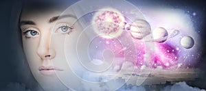 Composite image of close up of woman face