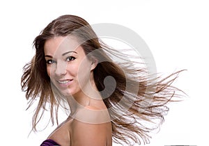 Close up of woman with flying hair