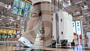 Close-up woman foot walking with suitcase , check in at International airport , vacation travel and transportation concept