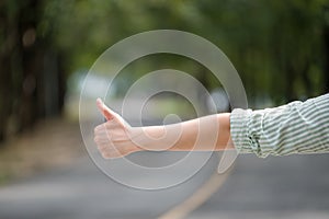 Close up woman hand hitchhiking at countryside road near forest,Alone travel or single traveller or hitchhiker concept