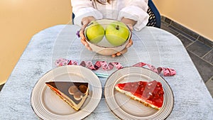 Close up of woman hand selection with  green apple  while Healthy lifestyle concept, Diet plan image