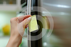 Close up of woman hand sticking adhesive notes on refrigerator door at home