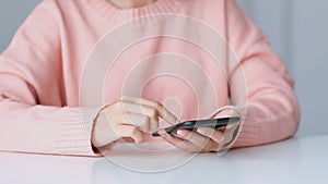 Close up of woman hand using mobile phone at home, People on smartphone, technology lifestyle, e commerce, online business, e