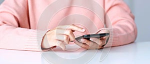 Close up of woman hand using mobile phone, People on smartphone, technology lifestyle, e commerce, online business, e learning,