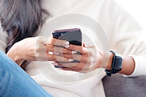 Close up of woman hand using mobile phone, People on smartphone, technology lifestyle, e commerce, online business, e learning,