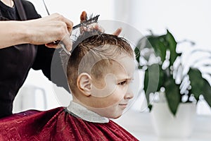 Close-up of woman hands grooming kid boy hair in barber shop