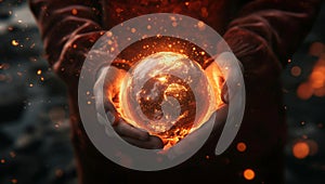 Close up of woman hands holding planet earth in fire
