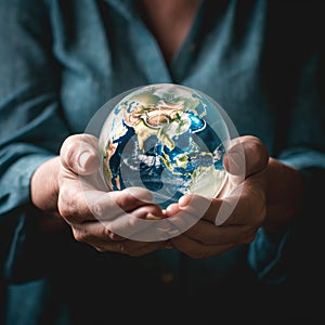 Close up woman hands holding planet Earth globe. Earth day. AI generated picture