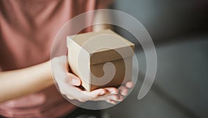 Close up of woman hands holding a small gift box. Small present box in the woman hands