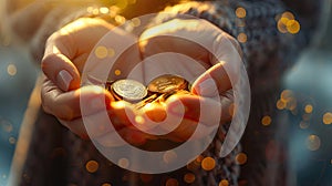 close up of woman hands holding stack coins, money concept