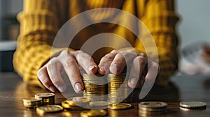 close up of woman hands holding stack coins, money concept