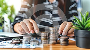 close up of woman hands holding stack coins, money concept