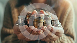 close up of woman hands holding stack coins, money concept