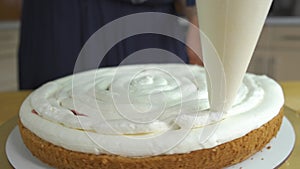 Close up of woman hands making sweet cake with white cream and biscuit.