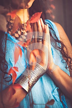 Close up of woman hands in namaste gesture