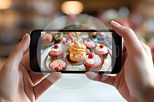 Close-up on woman hands taking photo of a dessert. Food photography with smart phone. Social media photography
