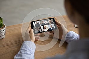 Close up of woman have online meeting with colleagues