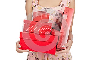 Close up woman hold many red gift boxs